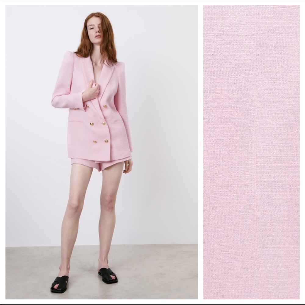 Zara Pink Tweed Texture Tailored Double Breasted Blazer Size XS NWT